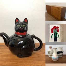 MaxSold Auction: This online auction features teak furniture, Howard Smith screen print, wicker bar cart, Avon spice village, Glockenspiel, ukulele, art pottery, vintage toys, art books, vintage egg cups, Shafford Black Cat collectibles, plant pots, cameras, Blue Willow china, teacup/saucer sets, vintage mirrors, wood mask, children’s books, and more!